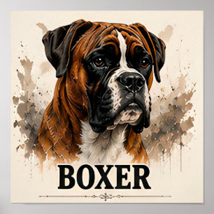 Poster Portrait de chien de famille loyal Boxer - Œuvre d