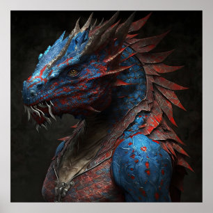 Poster Portrait de dragon rouge bleu IA art