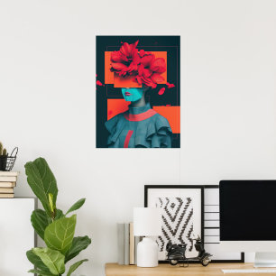 Poster Portrait de femme abstrait moderne avec fleurs