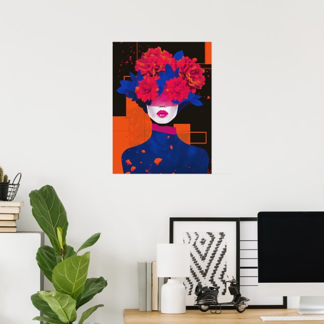 Poster Portrait de femme abstrait moderne avec fleurs (Bureau à domicile)