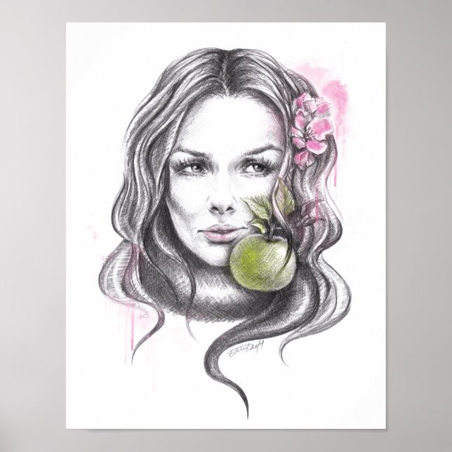 Poster Portrait de femme avec pomme et fleur Art Surreal (Devant)