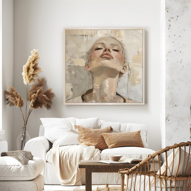 Poster Portrait de femme moderne Peinture murale esthétiq (Modern Woman Portrait Painting Aesthetic Wall Art in a neutral boho living room.)