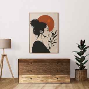 Poster Portrait de femme noir et blanc Soleil rouge