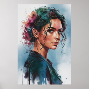 Poster Portrait de femme rêveur à l'aquarelle avec des ch