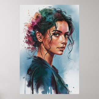 Poster Portrait de femme rêveur à l'aquarelle avec des ch