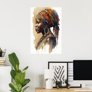 Poster Portrait de femme tribale africaine en aquarelle s