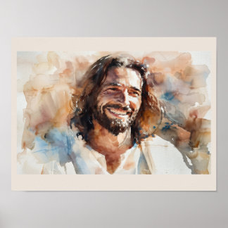 Poster Portrait de Jésus souriant à l'aquarelle | Art chr