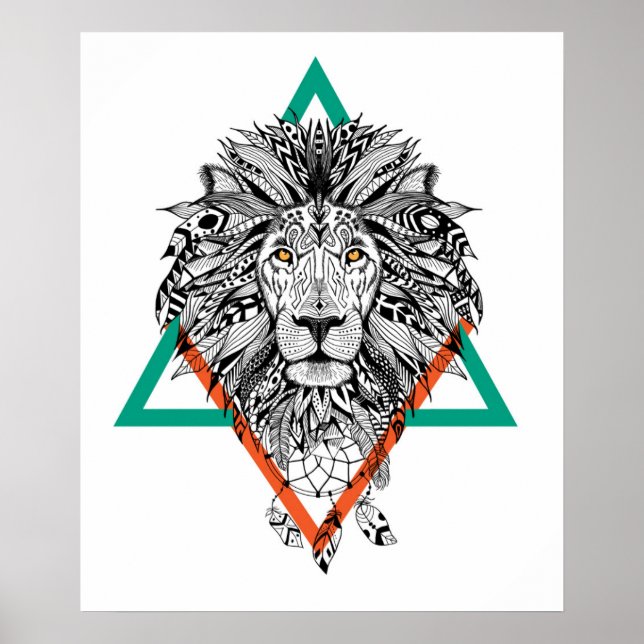 Poster Portrait de lion géométrique Aztec (Devant)