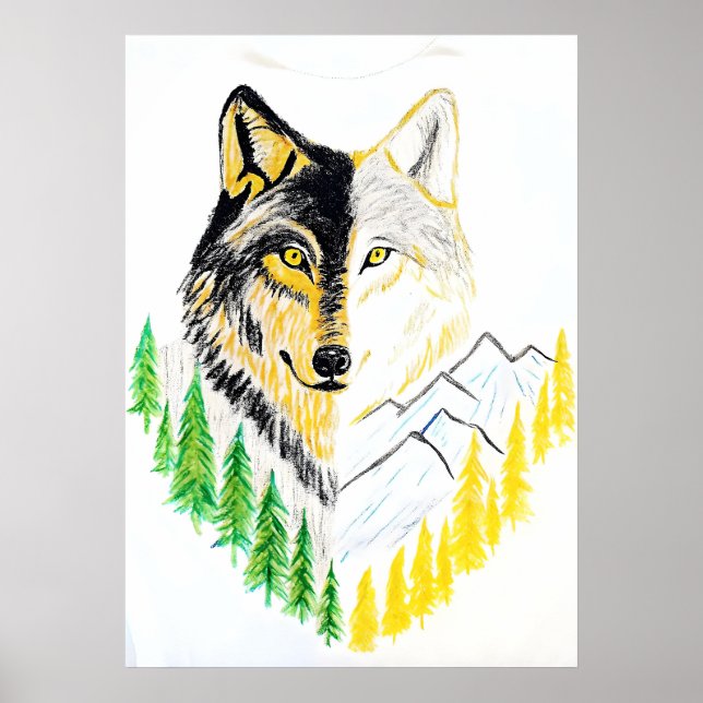 Poster Portrait de loup artistique avec Arrière - plan na (Devant)
