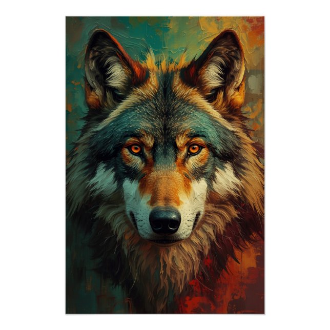 Poster Portrait de loup artistique - Peinture à l'huile d (Devant)