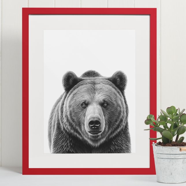 Poster Portrait de l'ours grizzli Woodland noir blanc (Créateur téléchargé)