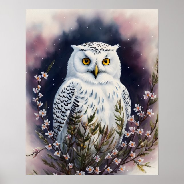 Poster Portrait de nuit Floral de la Chouette blanche (Devant)