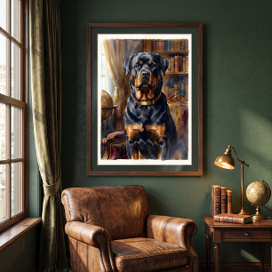 Poster Portrait de Rottweiler royal dans une bibliothèque