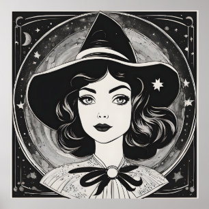 Poster Portrait de sorcière vintage noir et blanc rétro