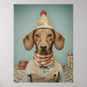 Poster Portrait de teckel vintage avec chapeau de fête