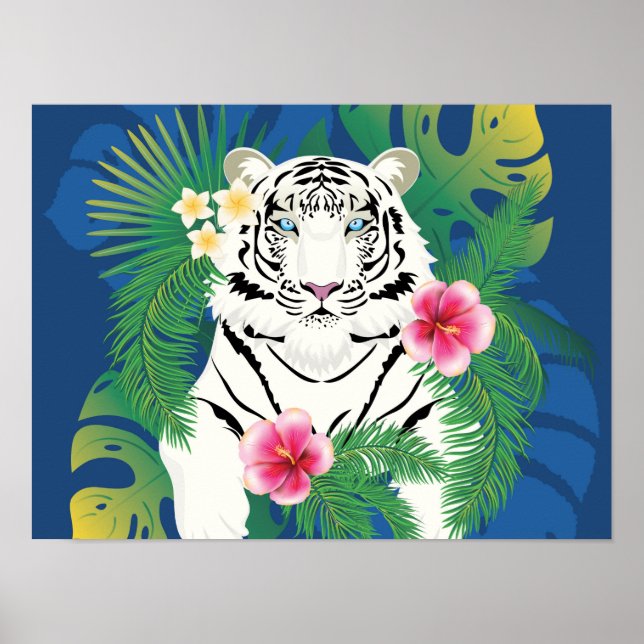 Poster Portrait de tigre blanc avec des feuilles tropicau (Devant)