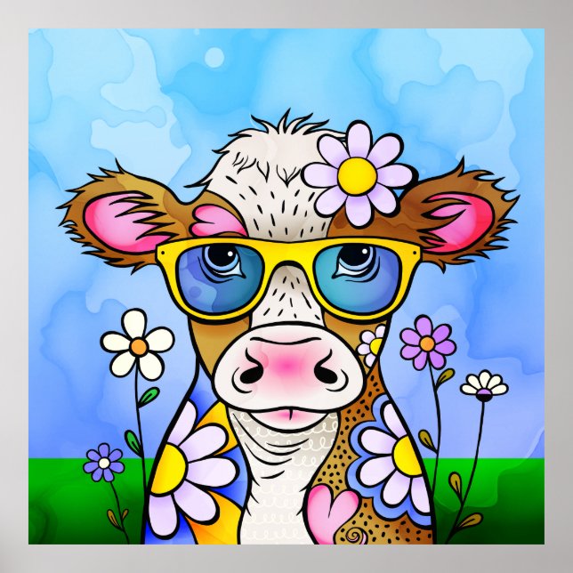 Poster Portrait de vache gribouillé (Devant)