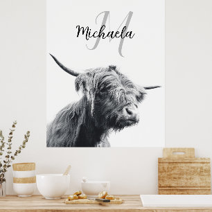 Poster Portrait de vache Highland premier monogramme noir