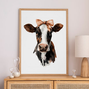 Poster Portrait de vache mignonne marron et blanc avec nœ