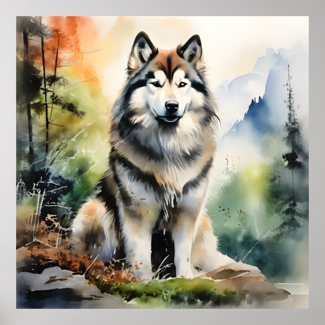 Poster Portrait d'encre de malamute en Alaska (Devant)