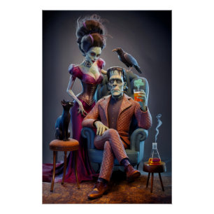 Poster Portrait d'Halloween, un monstre et sa mariée