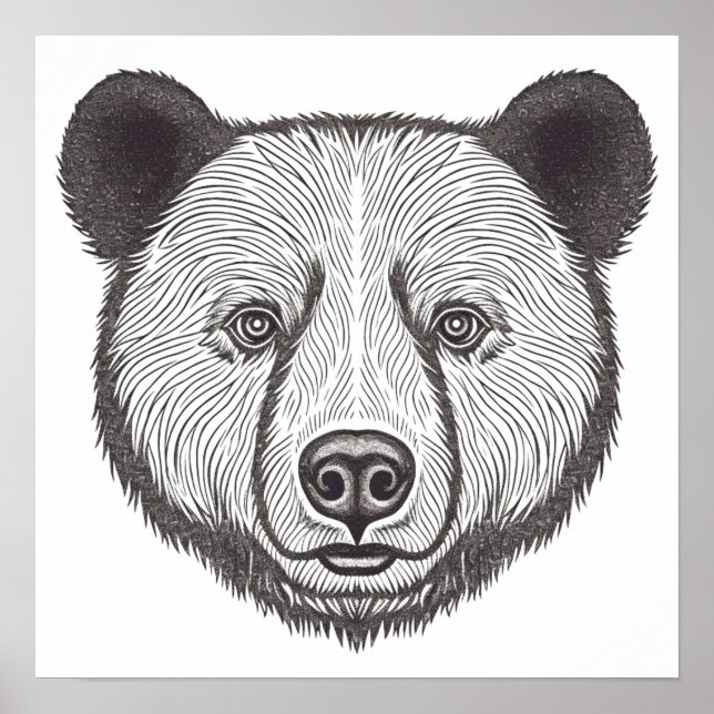 Poster Portrait d'ours noir et blanc Cute Stencil Art (Devant)