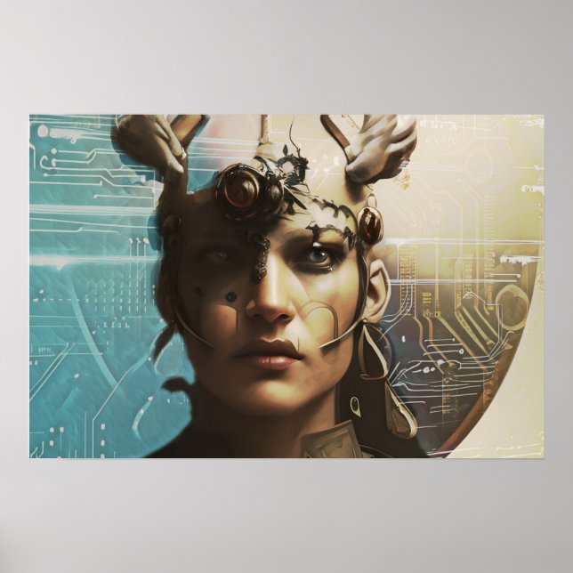 Poster portrait d'un androïde dans un univers numérique (Devant)