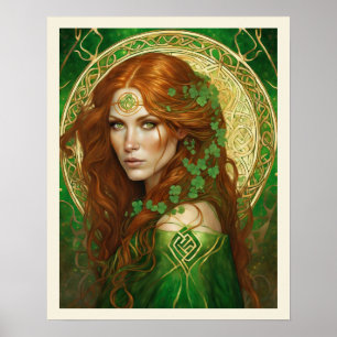 Poster Portrait d'une femme en or celtique Shamrock vert