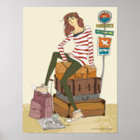 Portrait d'une jeune femme assise sur une valise