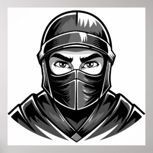 Poster Portrait en noir et blanc d'un guerrier ninja masc
