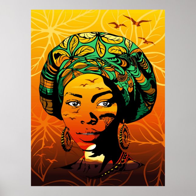 Poster Portrait féminin africain avec coucher de soleil (Devant)