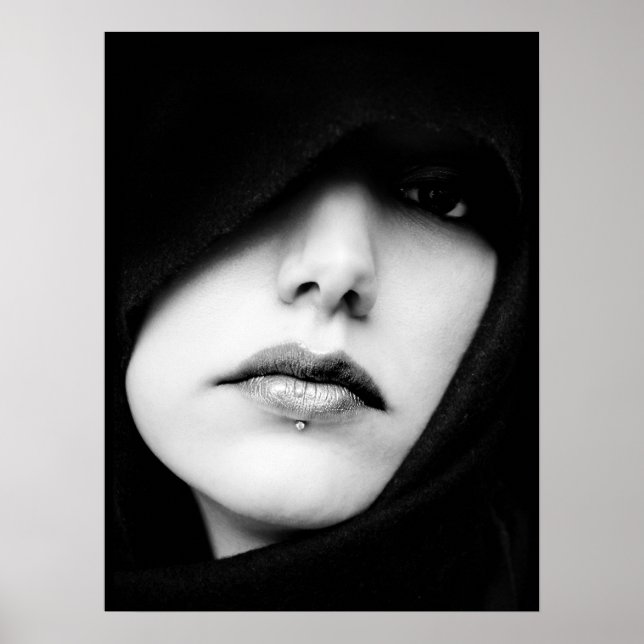 Poster Portrait, Femme, Mystérieux, Noir et Blanc (Devant)