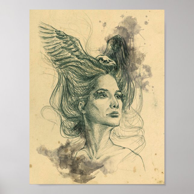 Poster Portrait femme oiseau crâne et ailes Art Surreal (Devant)