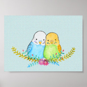 Poster Portrait floral de perruches mignonnes oiseaux de