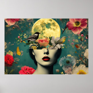 Poster Portrait Floral Lunaire Surréaliste