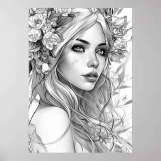 Poster Portrait noir et blanc de belle femme