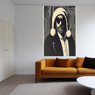Poster Portrait noir et blanc du Père Noël   Art AI