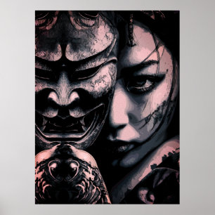 Poster Portrait réaliste d'une femme japonaise masquée av
