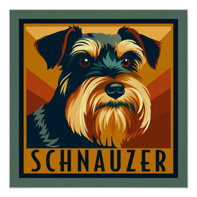 Poster Portrait rétro Schnauzer noir et argent (Devant)