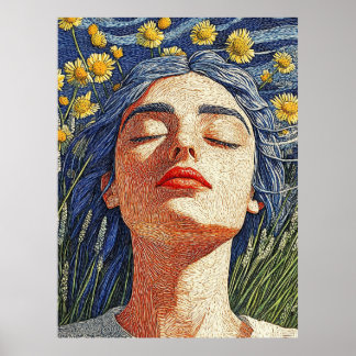 Poster Portrait texturé Femme de cheveux bleu Fleurs jaun