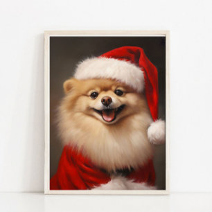 Poster Portrait vintage de Pomeranian au Noël avec Santa,