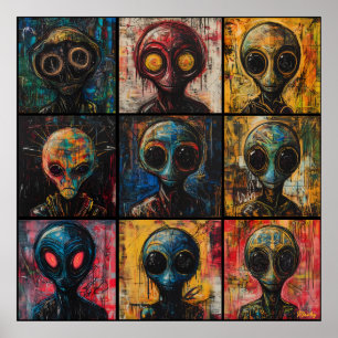 Poster Portraits d'aliens abstraits dans une grille pop a