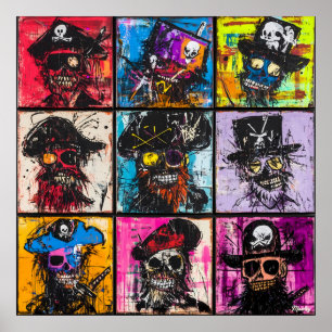 Poster Portraits de crânes de pirates colorés en grille d