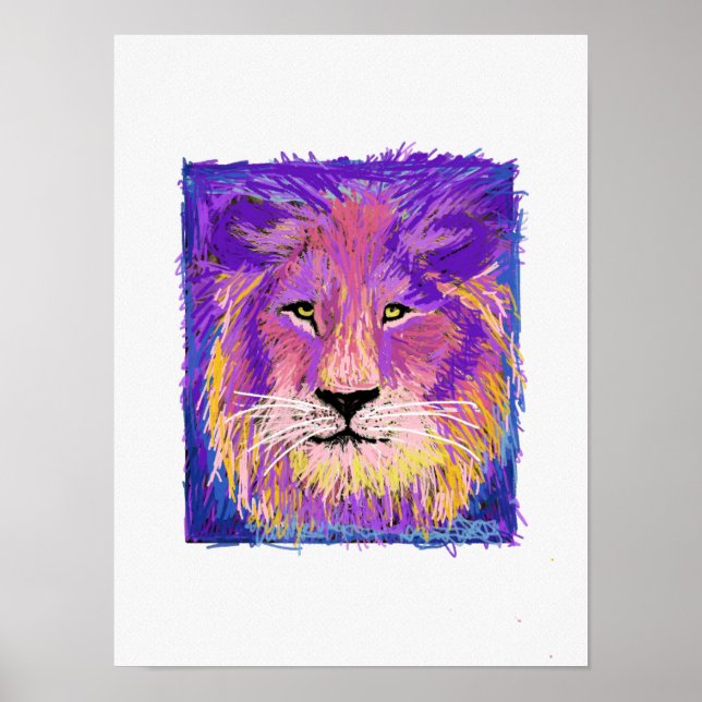Poster Portrat de lion jaune rose Abstrait (Devant)