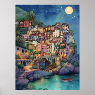 Poster Positano, Italie - Coastal Village & Starry Sky