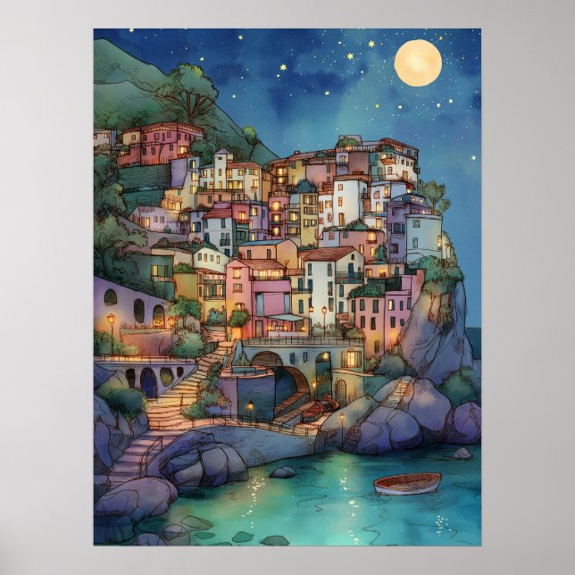 Poster Positano, Italie - Coastal Village & Starry Sky (Devant)