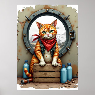 Poster Post Apocalyptic Cat Survivor Bunker Canned Goods 