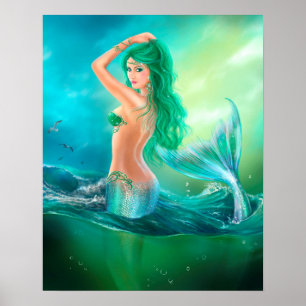 Poster Poster-Belle sirène en mer sur les vagues