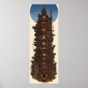 Poster Póster Lienzo vintag art tour château maison lune