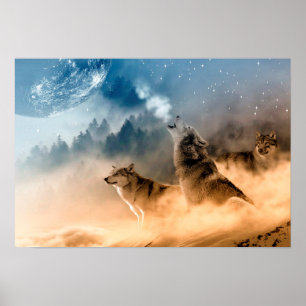 Poster Poster/Loups hurlant à la lune